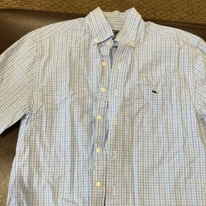 Vineyard Vines Light Blue and White Checked Button-Down Shirt-short sleeves